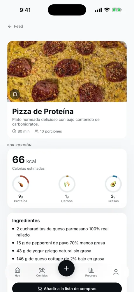Detalle de una receta: calorías, proteína, carbos, grasa e ingredientes